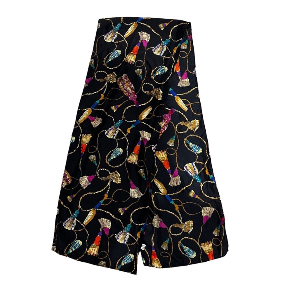 Christie & Jill Womens Silk Scarf Rectangular Shawl Tassels Print Jewel Tones